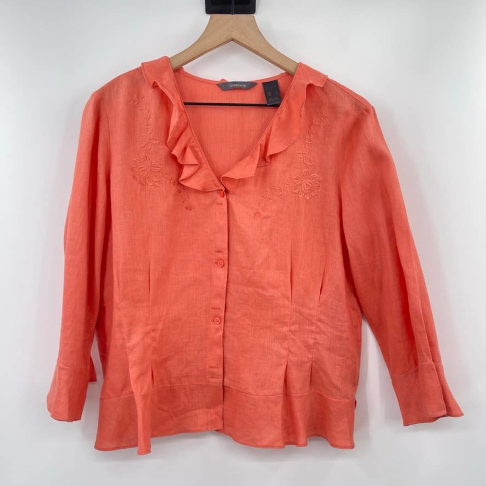Liz Claiborne 100% Linen Ruffle Button Down Top Womens Sz Lg Orange Embroidered